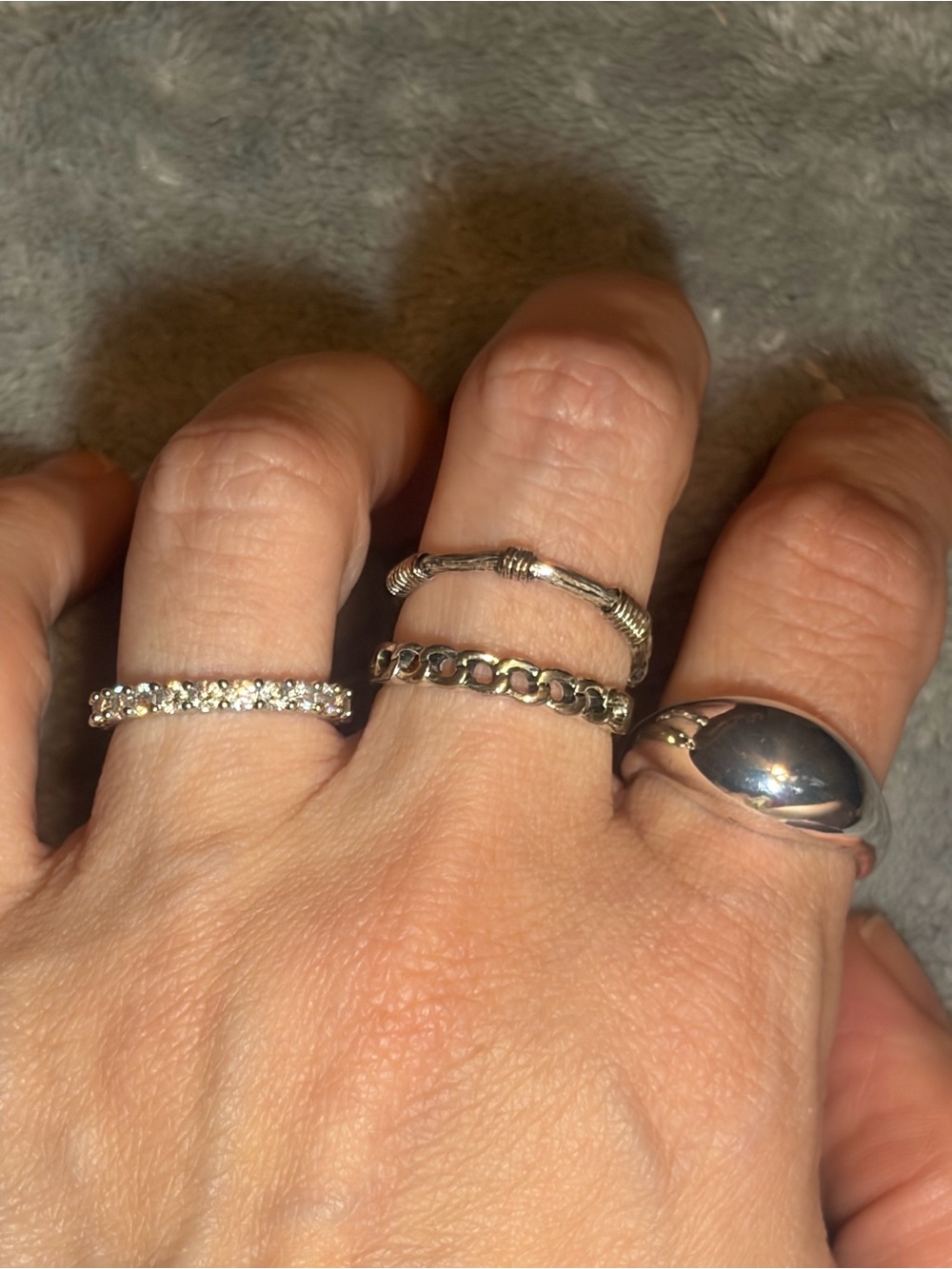 4 Silver Tone Stackable Ring Lot Sizes 6 7 8 Rhinestone Chain Dome Boho